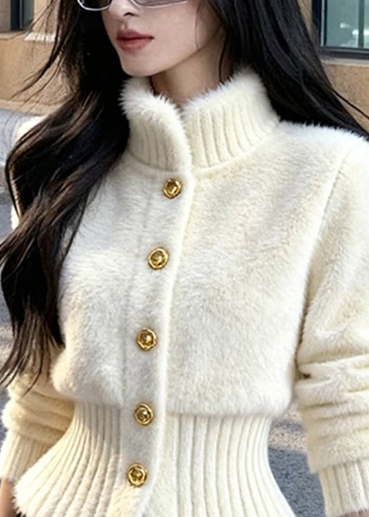French White Stand Collar Button Knit Cardigans Winter