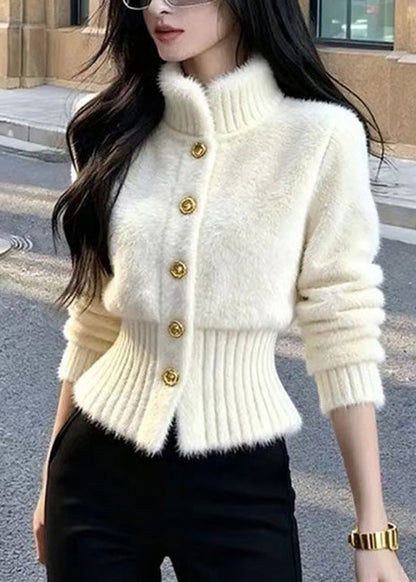 French White Stand Collar Button Knit Cardigans Winter