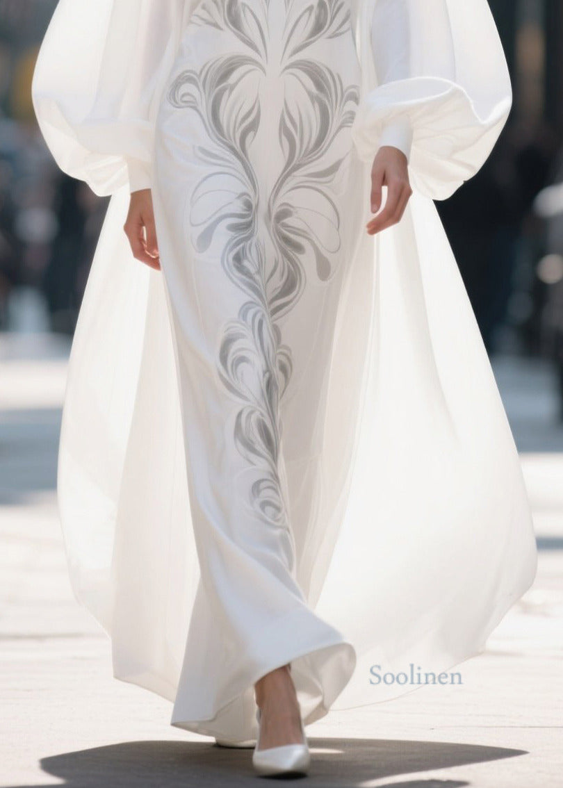 French White Stand Collar Print Chiffon Robe Dresses Lantern Sleeve