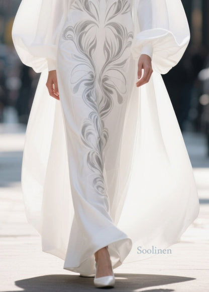 French White Stand Collar Print Chiffon Robe Dresses Lantern Sleeve