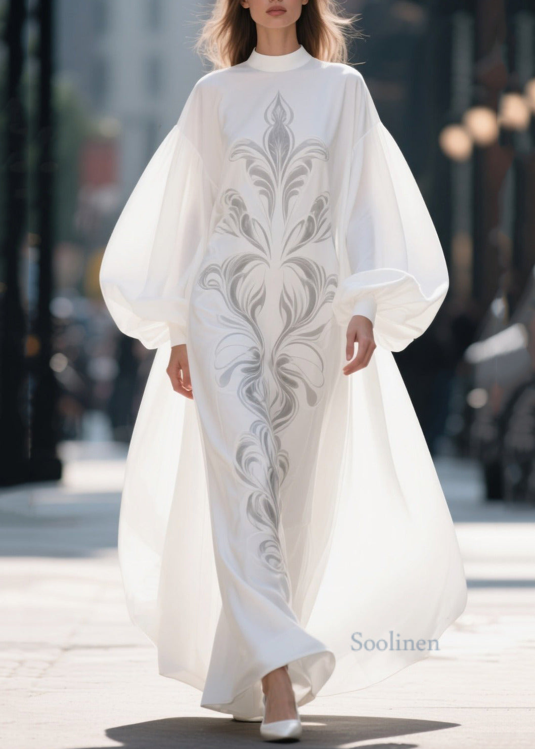 French White Stand Collar Print Chiffon Robe Dresses Lantern Sleeve