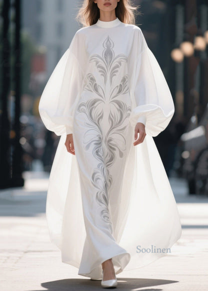 French White Stand Collar Print Chiffon Robe Dresses Lantern Sleeve