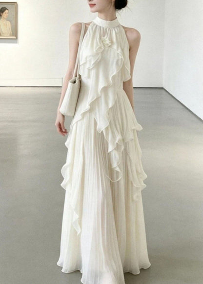 French White Stand Collar Ruffled Chiffon Long Dresses Summer
