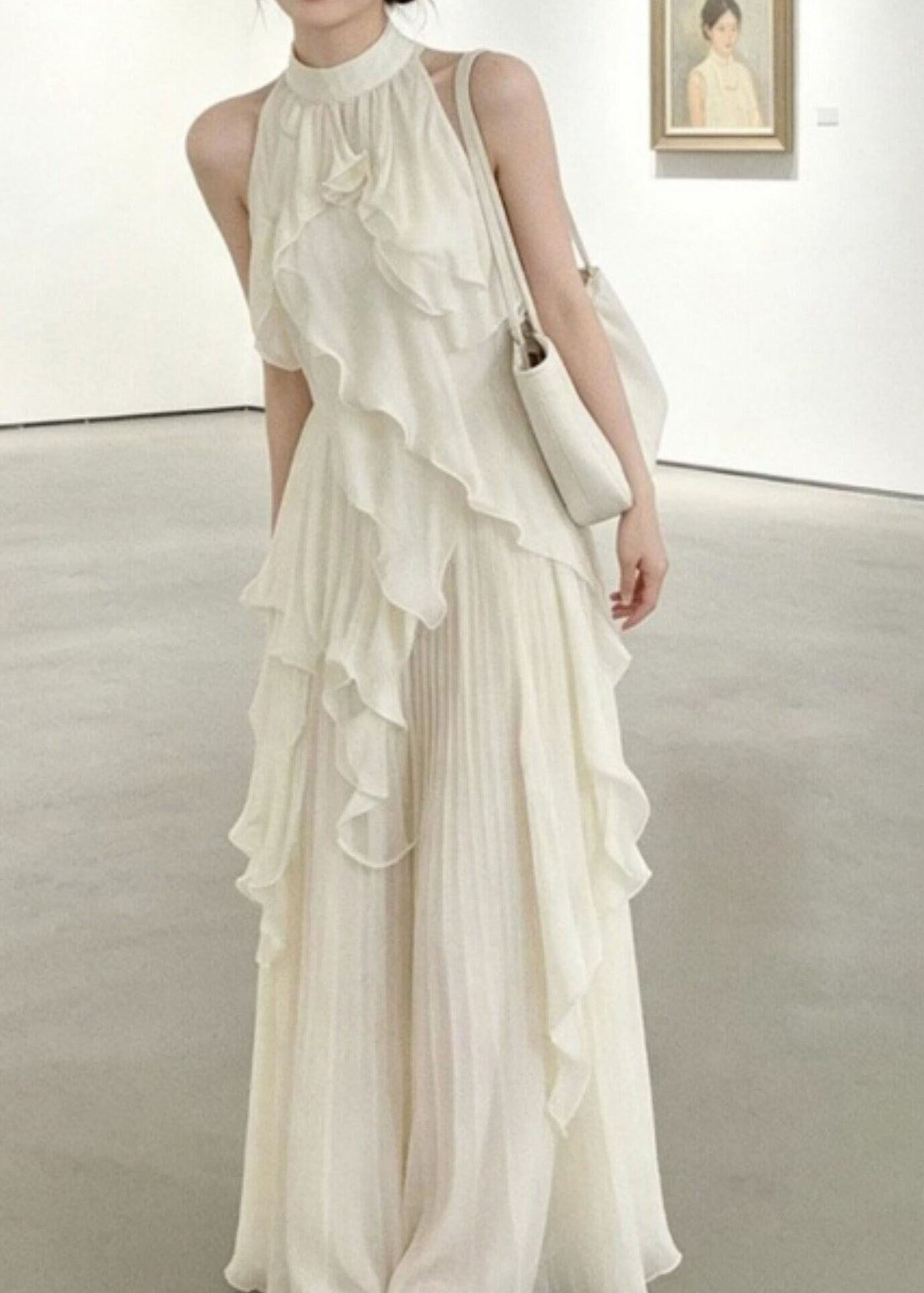 French White Stand Collar Ruffled Chiffon Long Dresses Summer