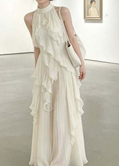 French White Stand Collar Ruffled Chiffon Long Dresses Summer