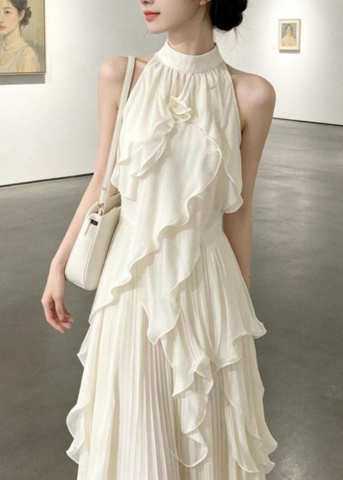 French White Stand Collar Ruffled Chiffon Long Dresses Summer