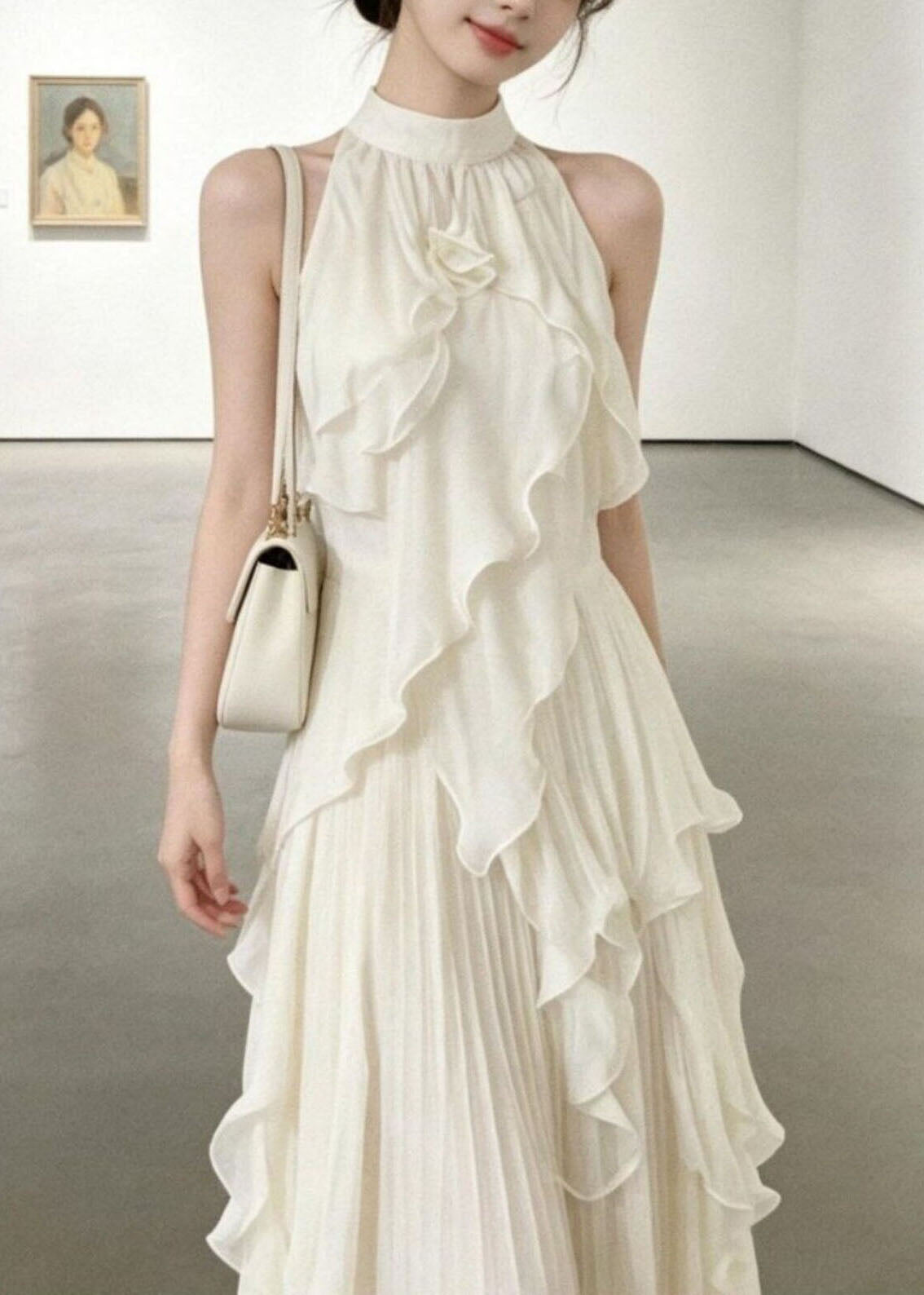 French White Stand Collar Ruffled Chiffon Long Dresses Summer