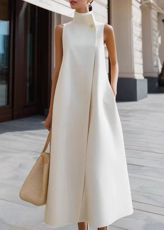 French White Stand Collar Vacation Dresses Sleeveless