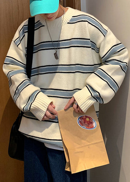 French White Striped Cozy Knit Men Sweaters Winter