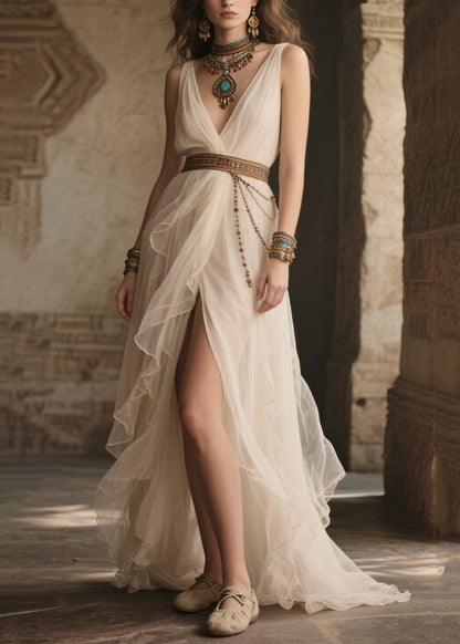 French White Tasseled Exra Large Hem Tulle Tunic Party Dress Summer