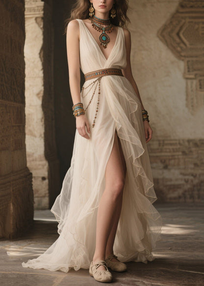 French White Tasseled Exra Large Hem Tulle Tunic Party Dress Summer