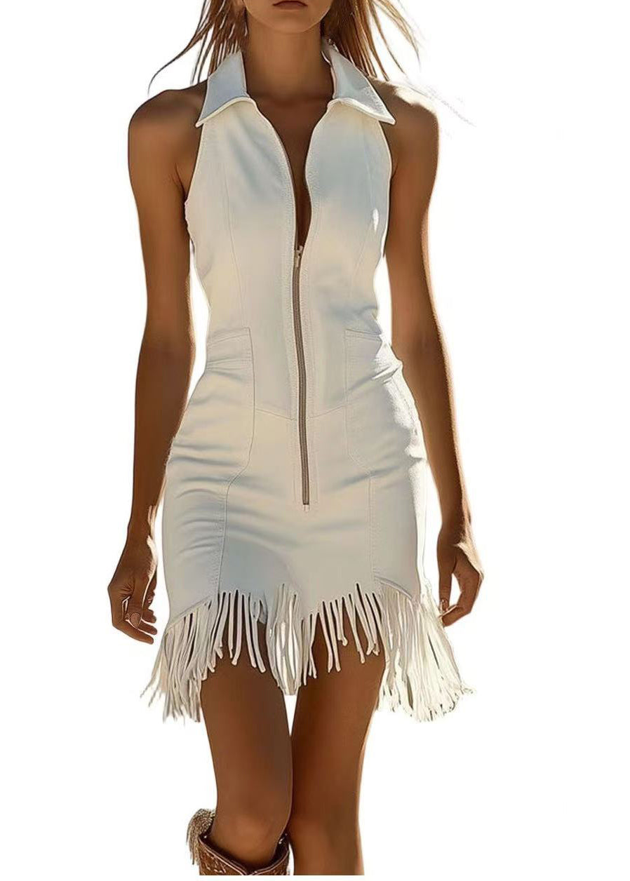 French White Tasseled Zippered Cotton Dress Sleeveless