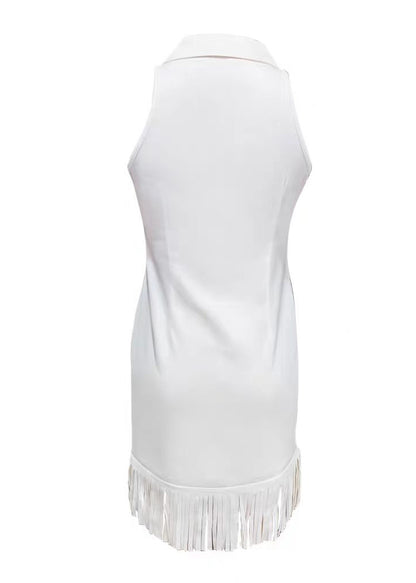 French White Tasseled Zippered Cotton Dress Sleeveless