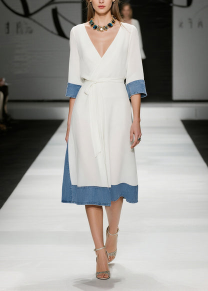 French White Tie Waist Denim Patchwork Chiffon Day Dress Summer