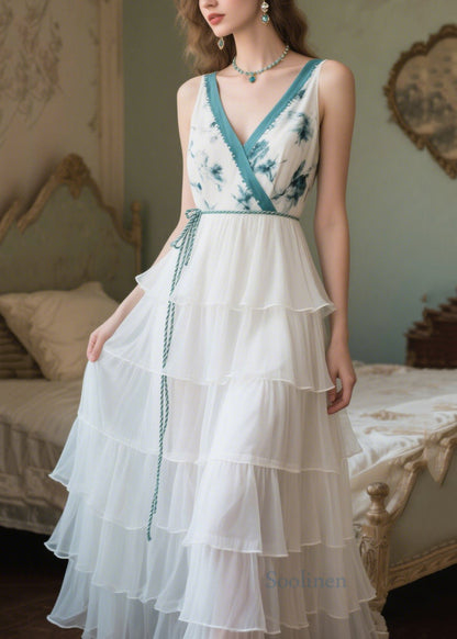 French White Tie Waist Print Chiffon Maxi Dresses Summer