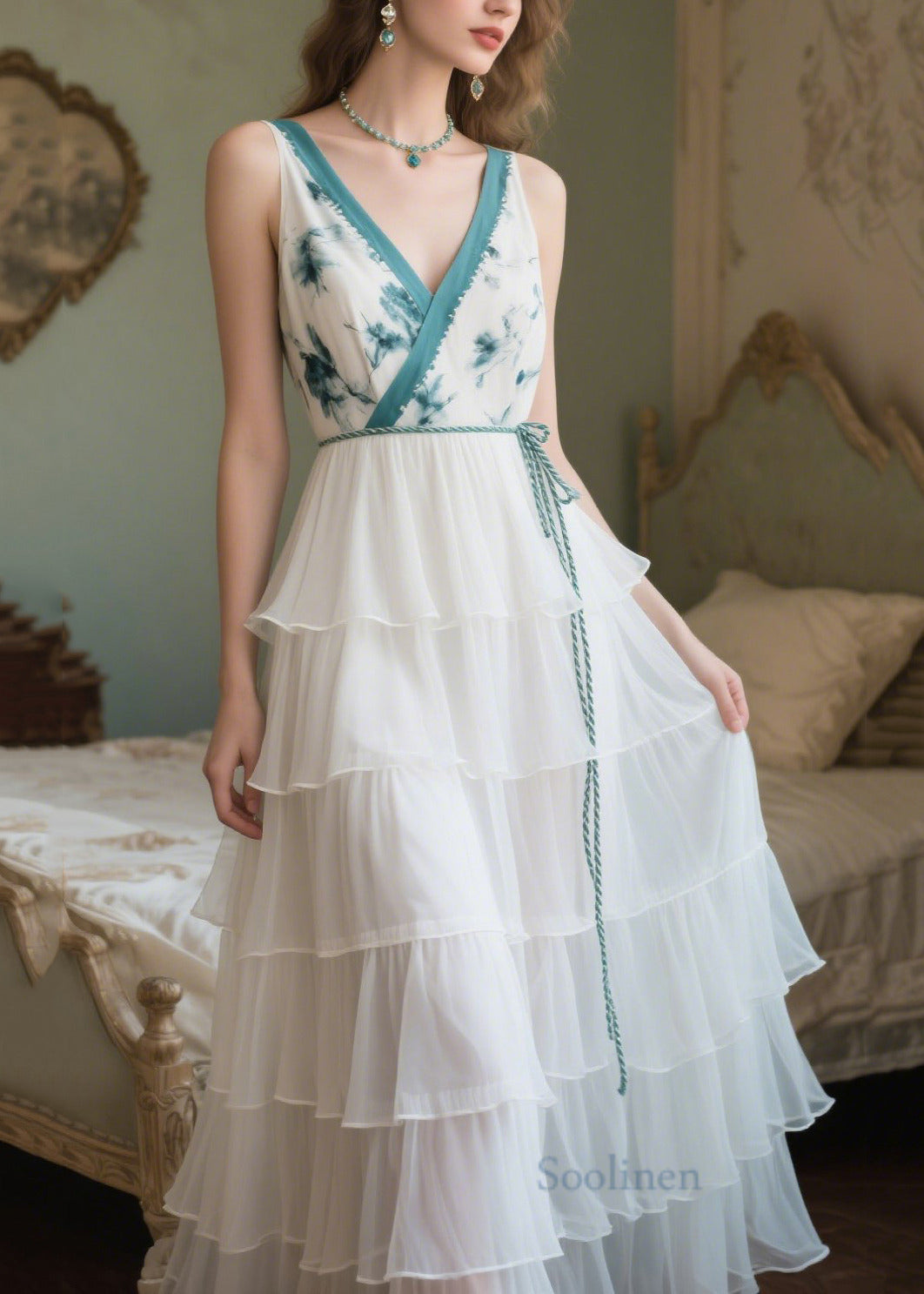 French White Tie Waist Print Chiffon Maxi Dresses Summer