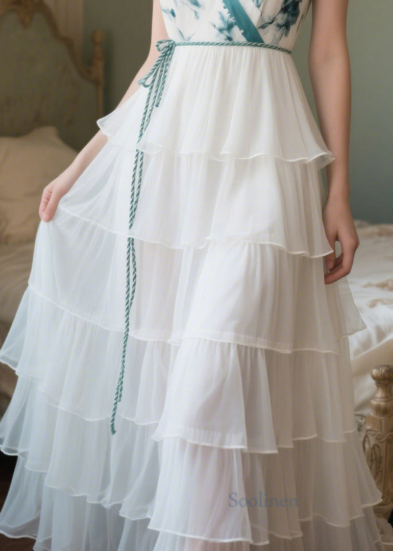 French White Tie Waist Print Chiffon Maxi Dresses Summer