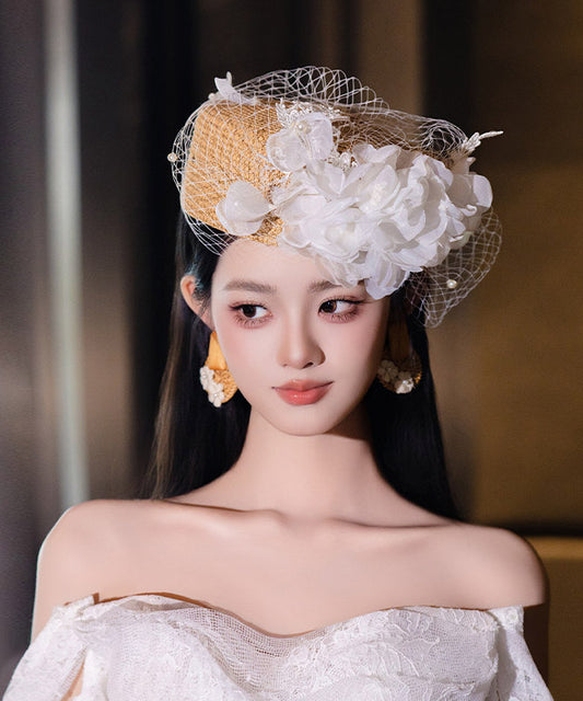 French White Tulle Multi-Layer Floral Pearl HairPiece