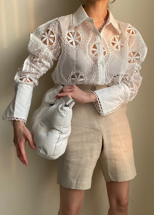 French White Turn-down Collar Cut Out Shirt Tops Puff Sleeve