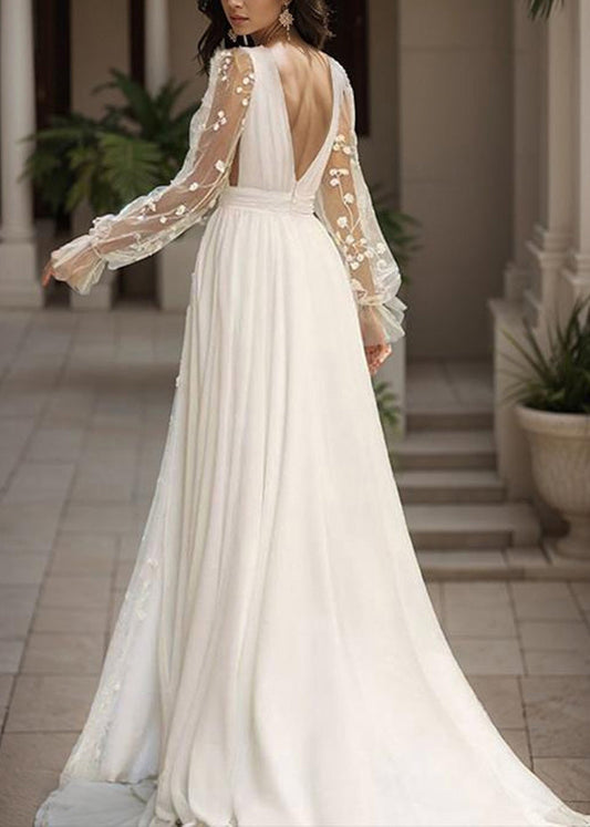 French White V Neck Backless Chiffon Robe Dresses Summer