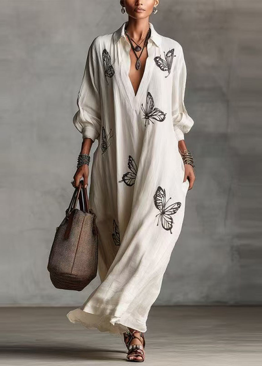 French White V Neck Butterfly Print  Vacation Dresses Long Sleeve