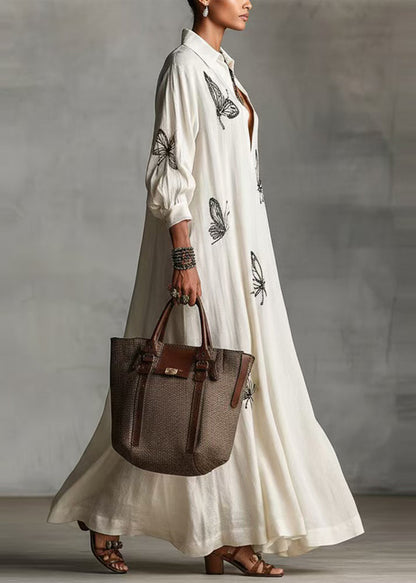 French White V Neck Butterfly Print  Vacation Dresses Long Sleeve