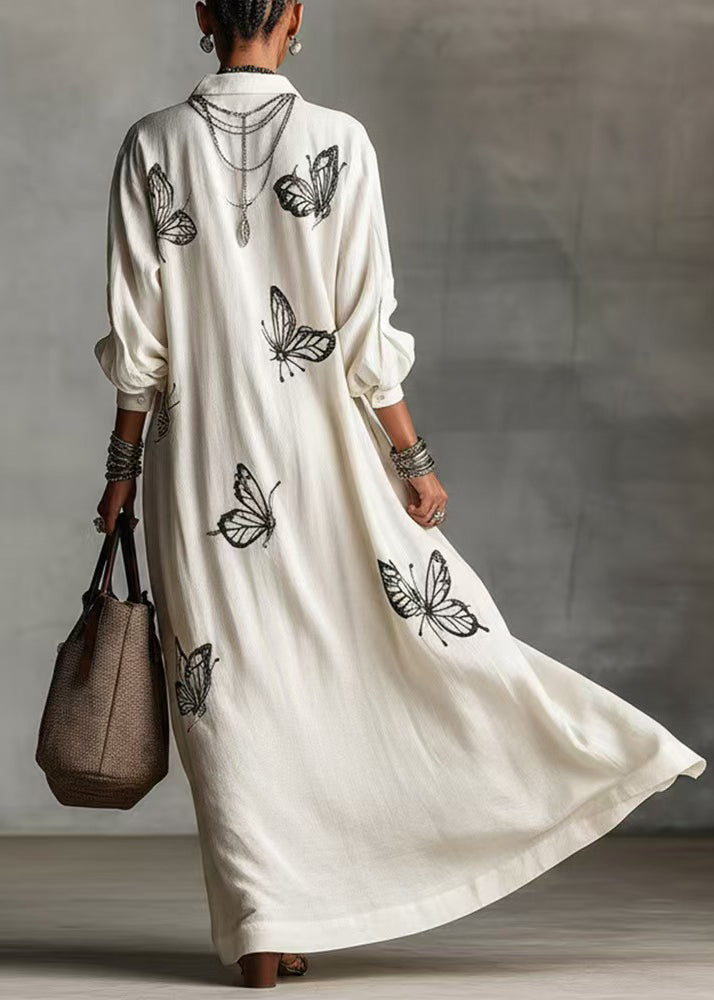 French White V Neck Butterfly Print  Vacation Dresses Long Sleeve