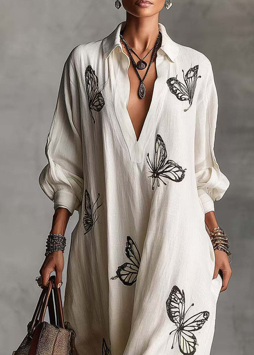 French White V Neck Butterfly Print  Vacation Dresses Long Sleeve