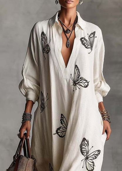 French White V Neck Butterfly Print  Vacation Dresses Long Sleeve