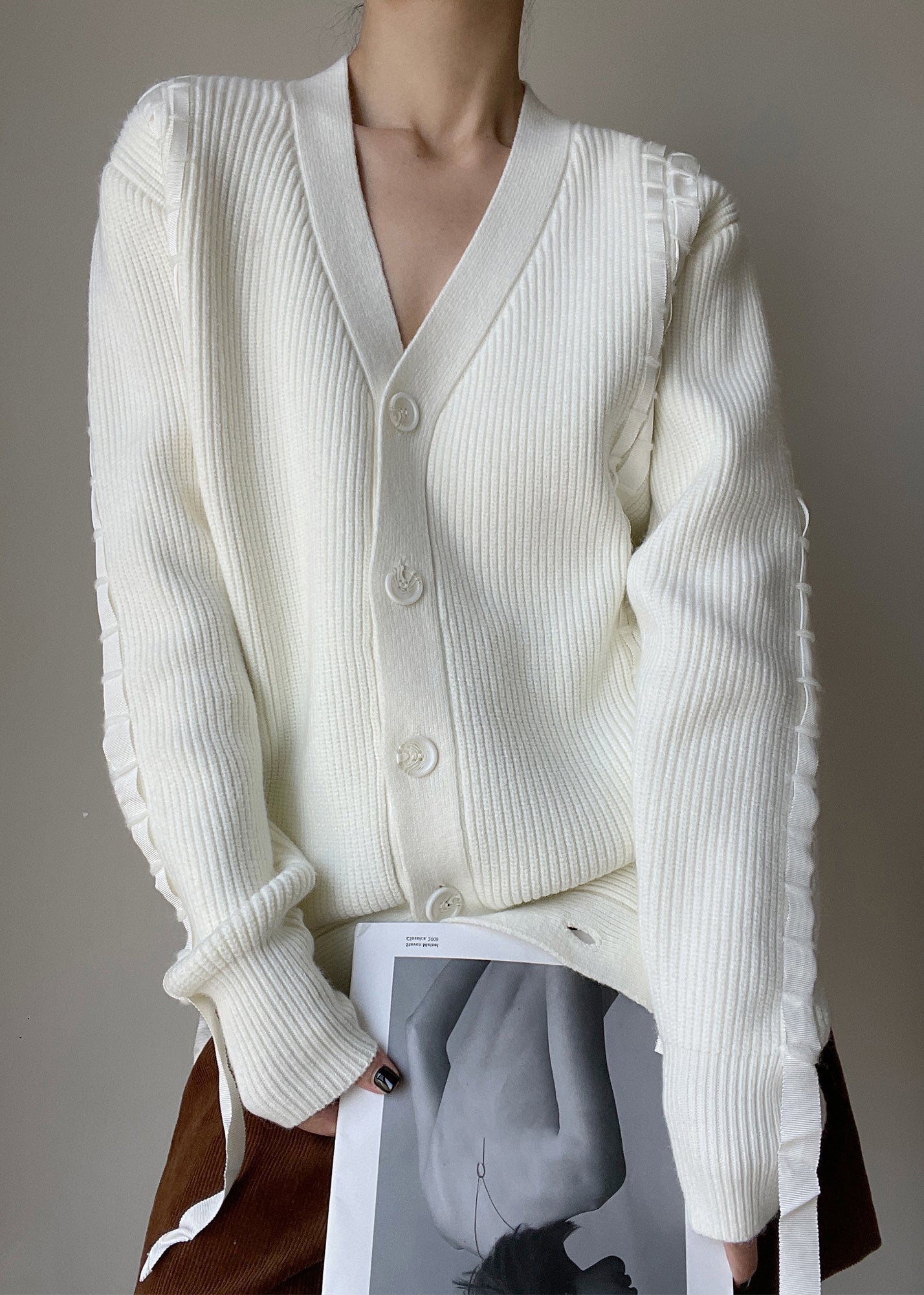 French White V Neck Button Knit Woolen Cardigans Spring
