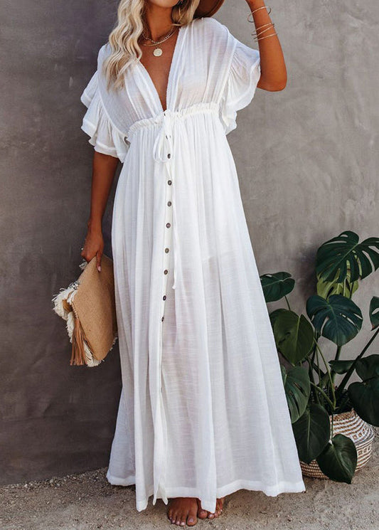 French White V Neck Button Maxi Dress Short Sleeve