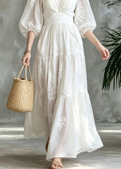 French White V Neck Embroidered Patchwork Cotton Ankle Dress Summer