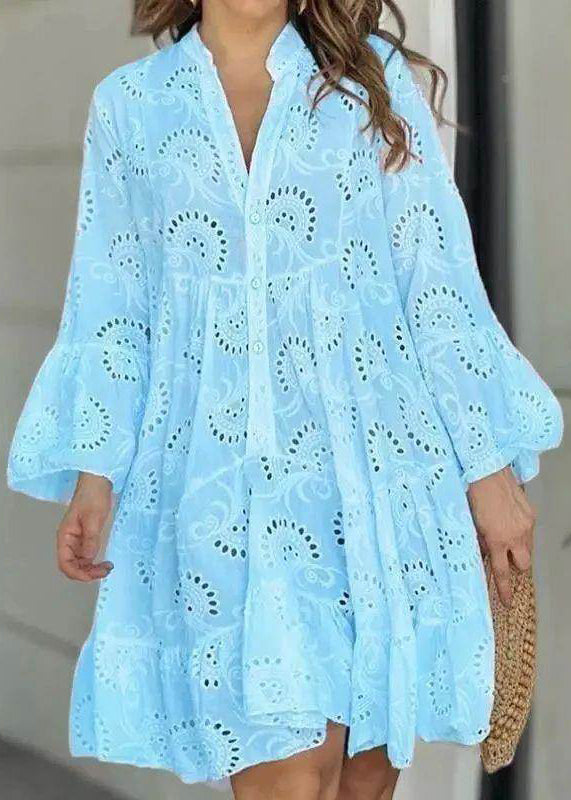 French White V Neck Hollow Out Holiday Lace Long Dress Fall