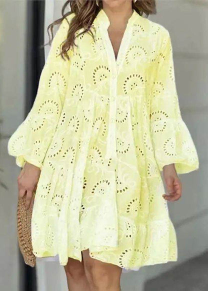 French White V Neck Hollow Out Holiday Lace Long Dress Fall