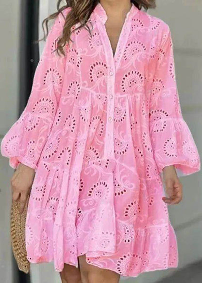 French White V Neck Hollow Out Holiday Lace Long Dress Fall