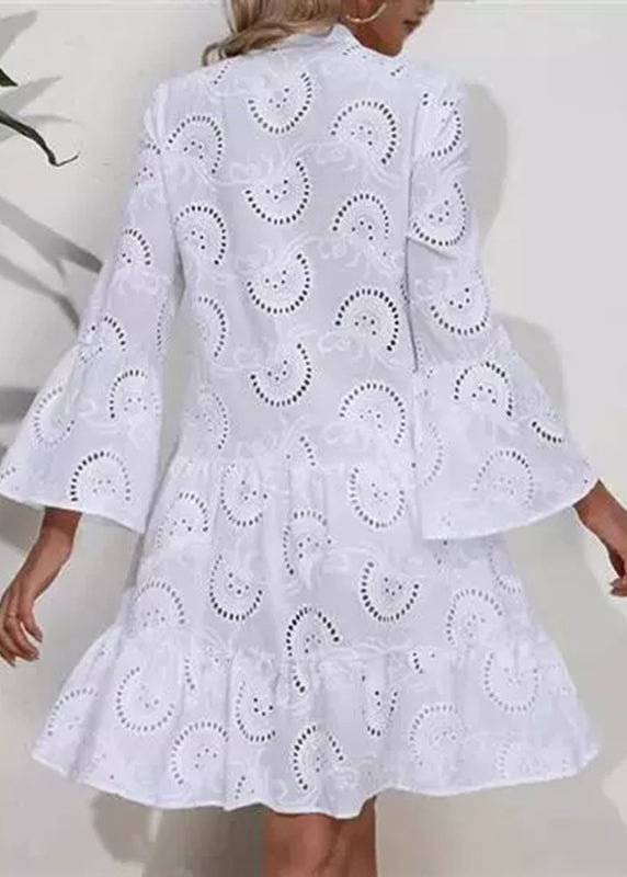 French White V Neck Hollow Out Holiday Lace Long Dress Fall