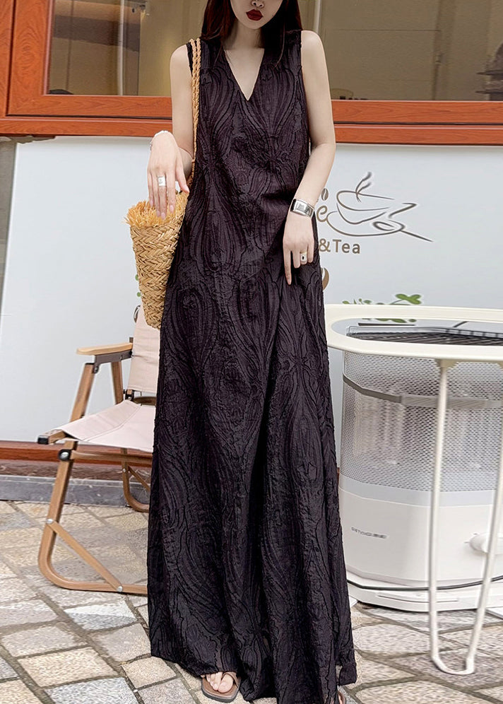French White V Neck Jacquard Cotton Robe Dresses Sleeveless