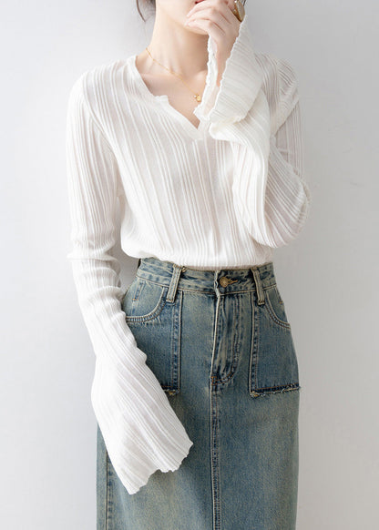 French White V Neck Knit Sweaters Flare Sleeve