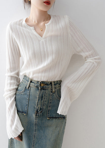 French White V Neck Knit Sweaters Flare Sleeve