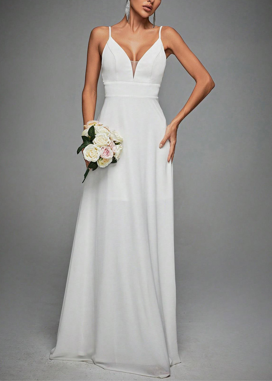 French White V Neck Lace High Waist Spaghetti Strap Dress Sleeveless