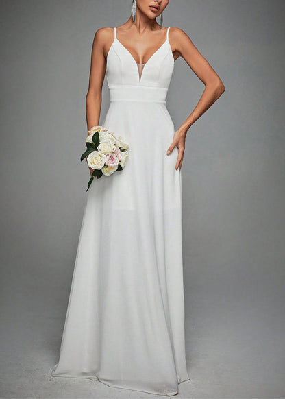 French White V Neck Lace High Waist Spaghetti Strap Dress Sleeveless