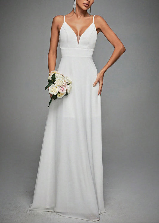 French White V Neck Lace High Waist Spaghetti Strap Dress Sleeveless