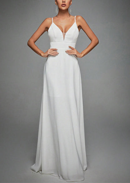 French White V Neck Lace High Waist Spaghetti Strap Dress Sleeveless