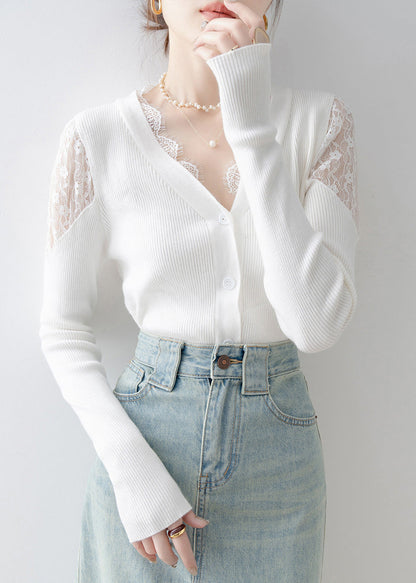 French White V Neck Lace Patchwork Knit Sweater Spring