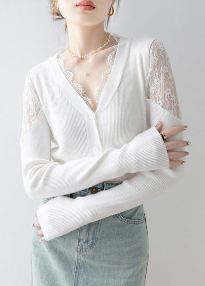 French White V Neck Lace Patchwork Knit Sweater Spring