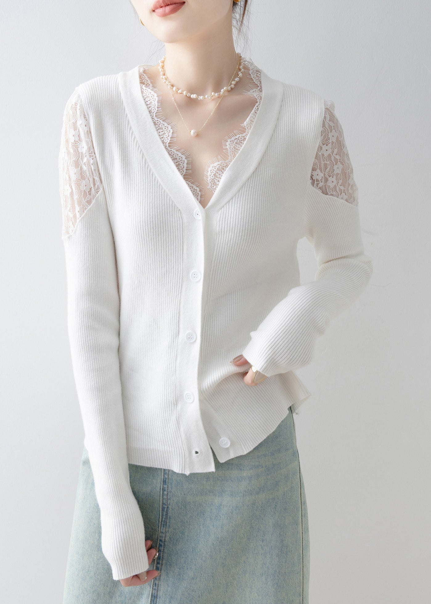 French White V Neck Lace Patchwork Knit Sweater Spring