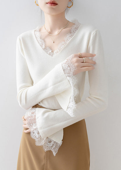French White V Neck Lace Patchwork Knit Top Flare Sleeve
