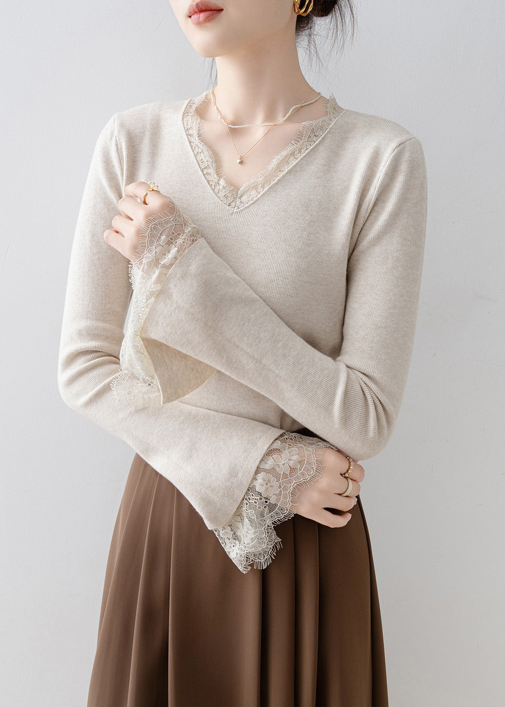 French White V Neck Lace Patchwork Knit Top Flare Sleeve