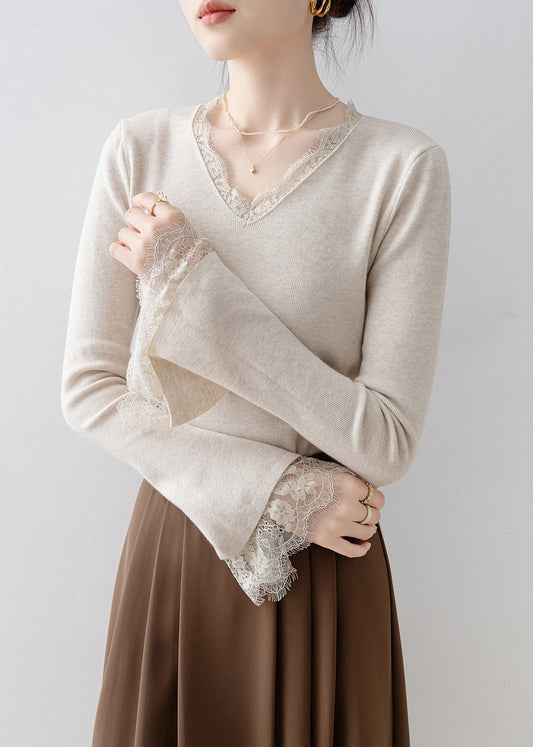 French White V Neck Lace Patchwork Knit Top Flare Sleeve