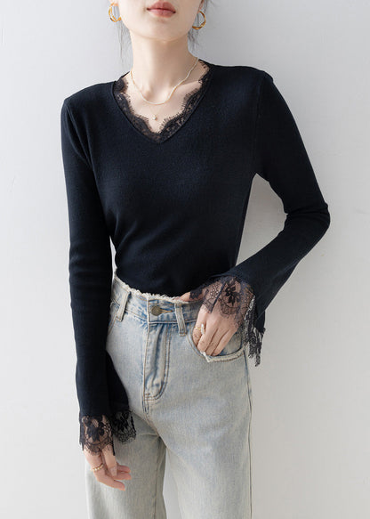 French White V Neck Lace Patchwork Knit Top Flare Sleeve